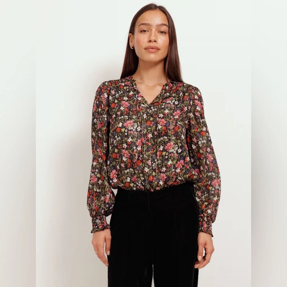 NWT Old Navy Floral Metallic Chiffon Peasant Blouse Black Multi Size XL